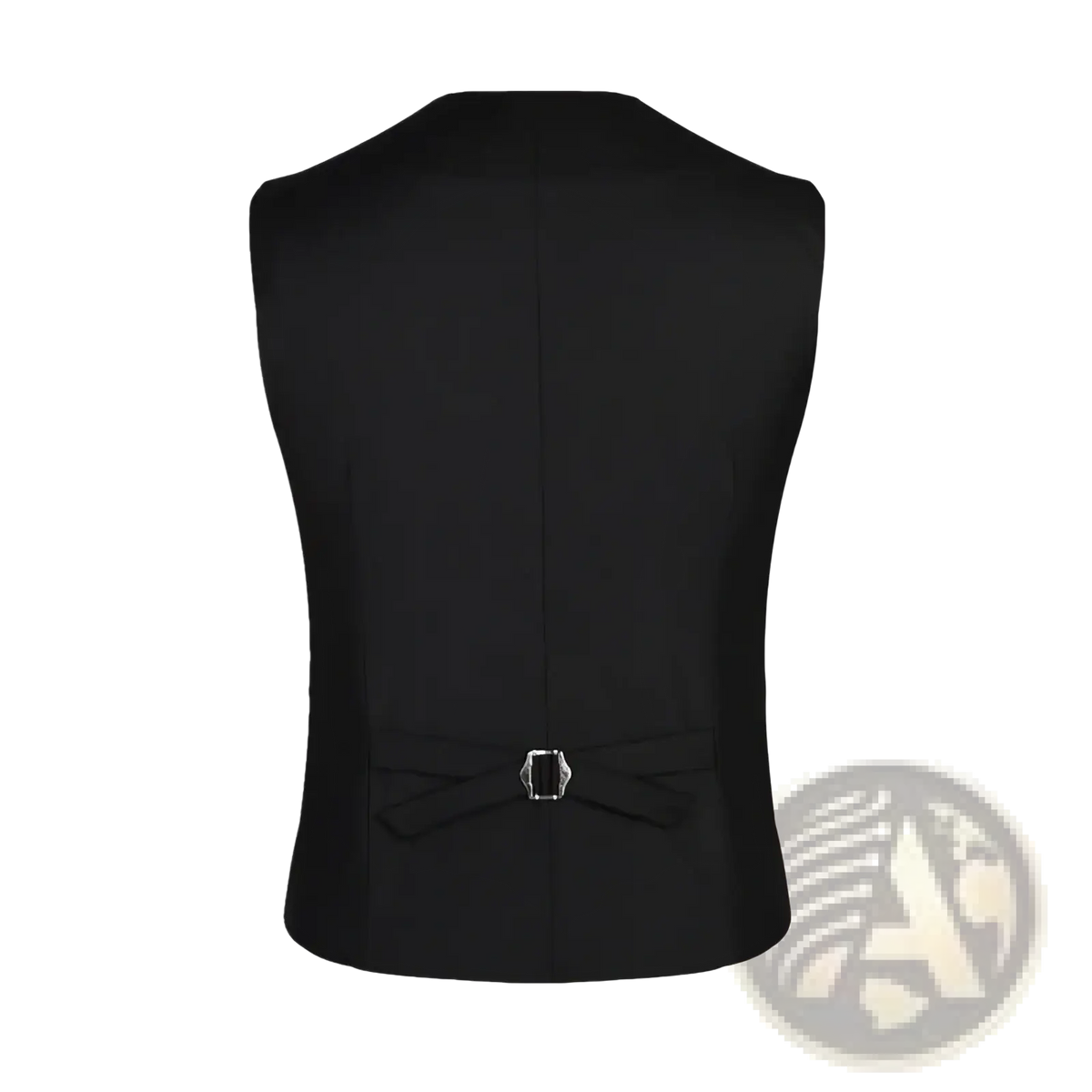 Black tailored men slim fit suit vest formal business waistcoat back side with central seam and silver-tone buckle bow fastening
