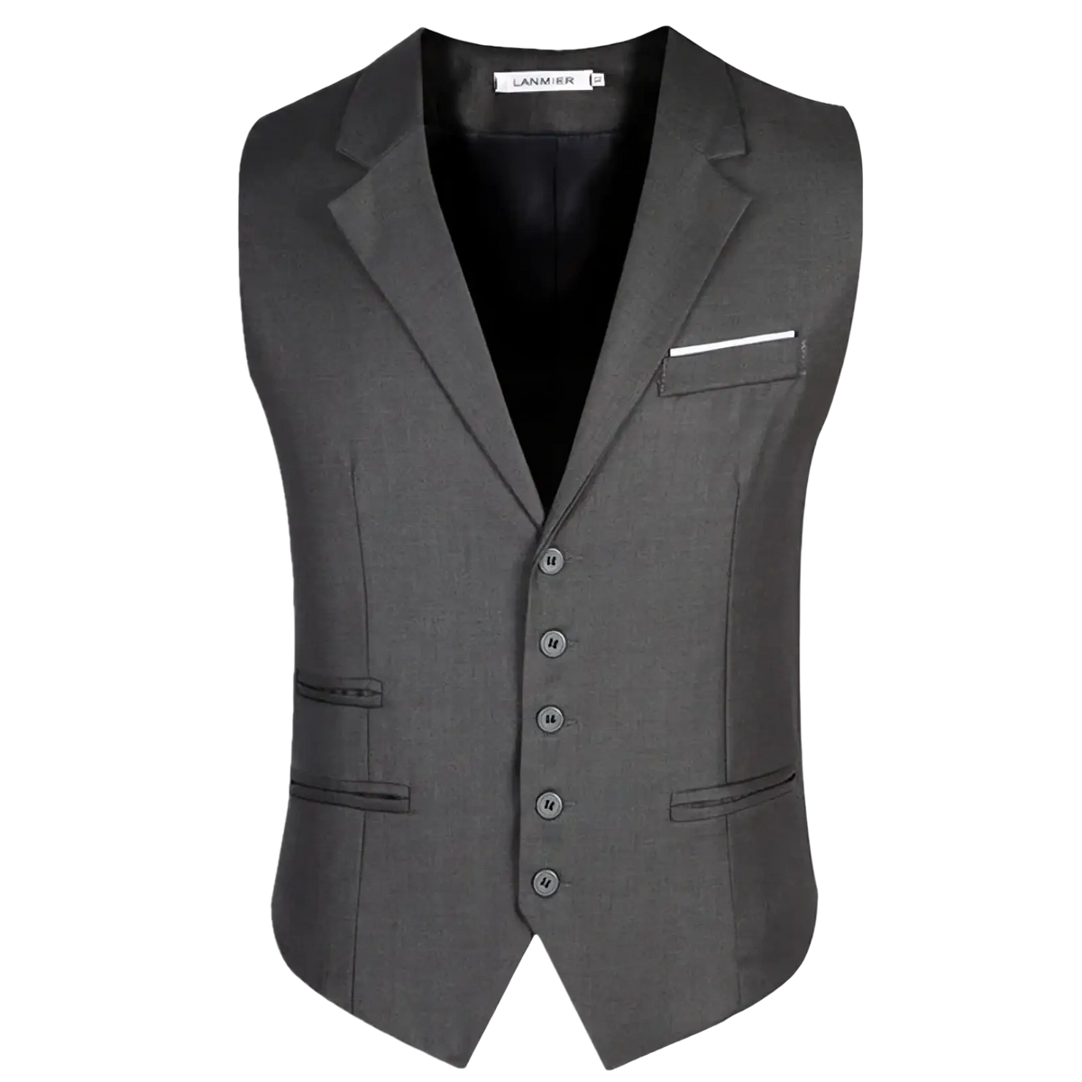 Men slim fit suit vest gray woolen waistcoat with notched lapels five buttons and white pocket square for formal business