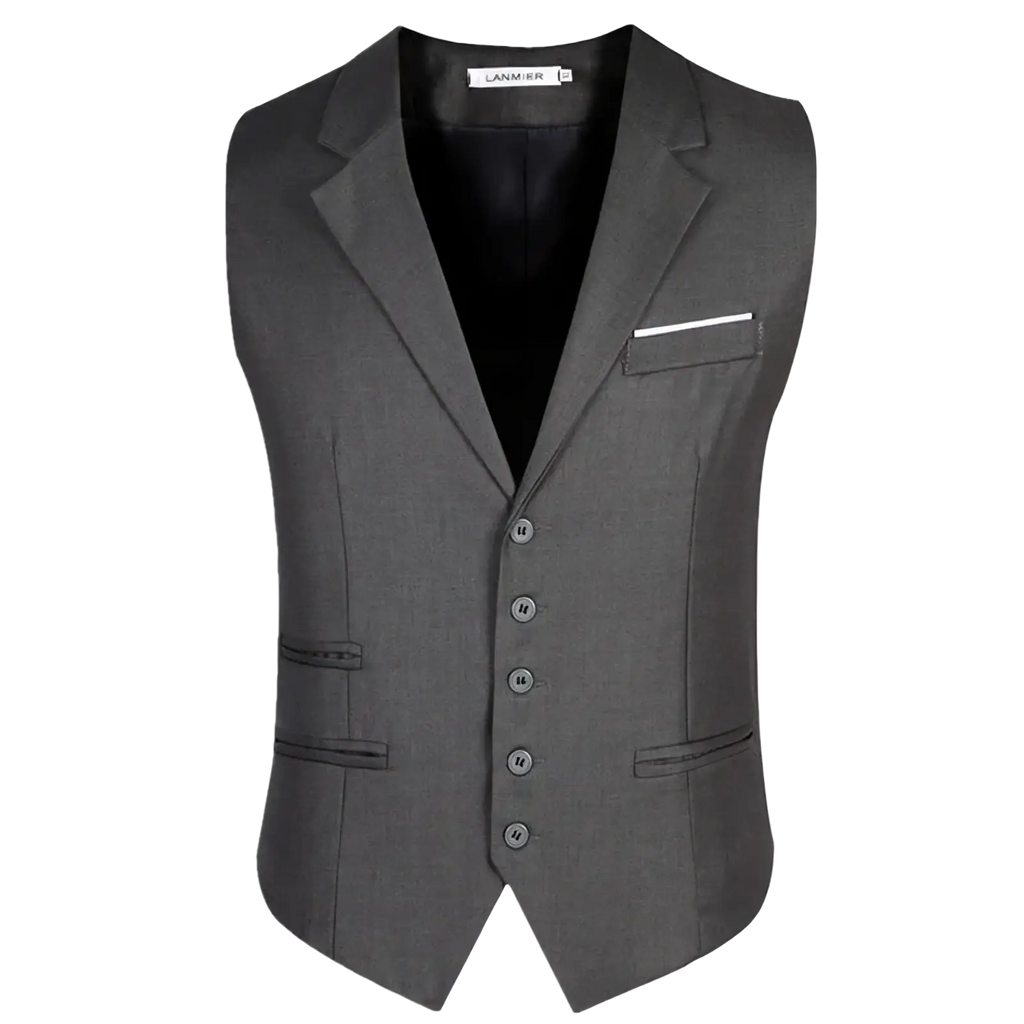 Men slim fit formal business waistcoat gray woolen vest with notched lapels five buttons and white pocket square