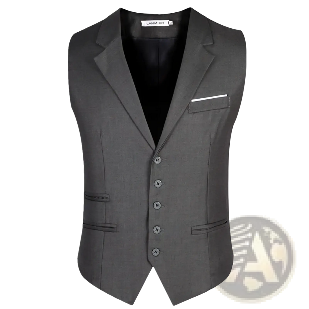 Men slim fit suit vest gray woolen waistcoat with notched lapels five buttons and white pocket square for formal business
