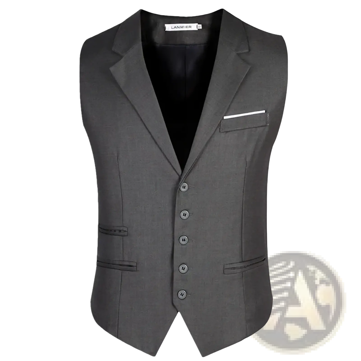 Men slim fit suit vest gray woolen waistcoat with notched lapels five buttons and white pocket square for formal business