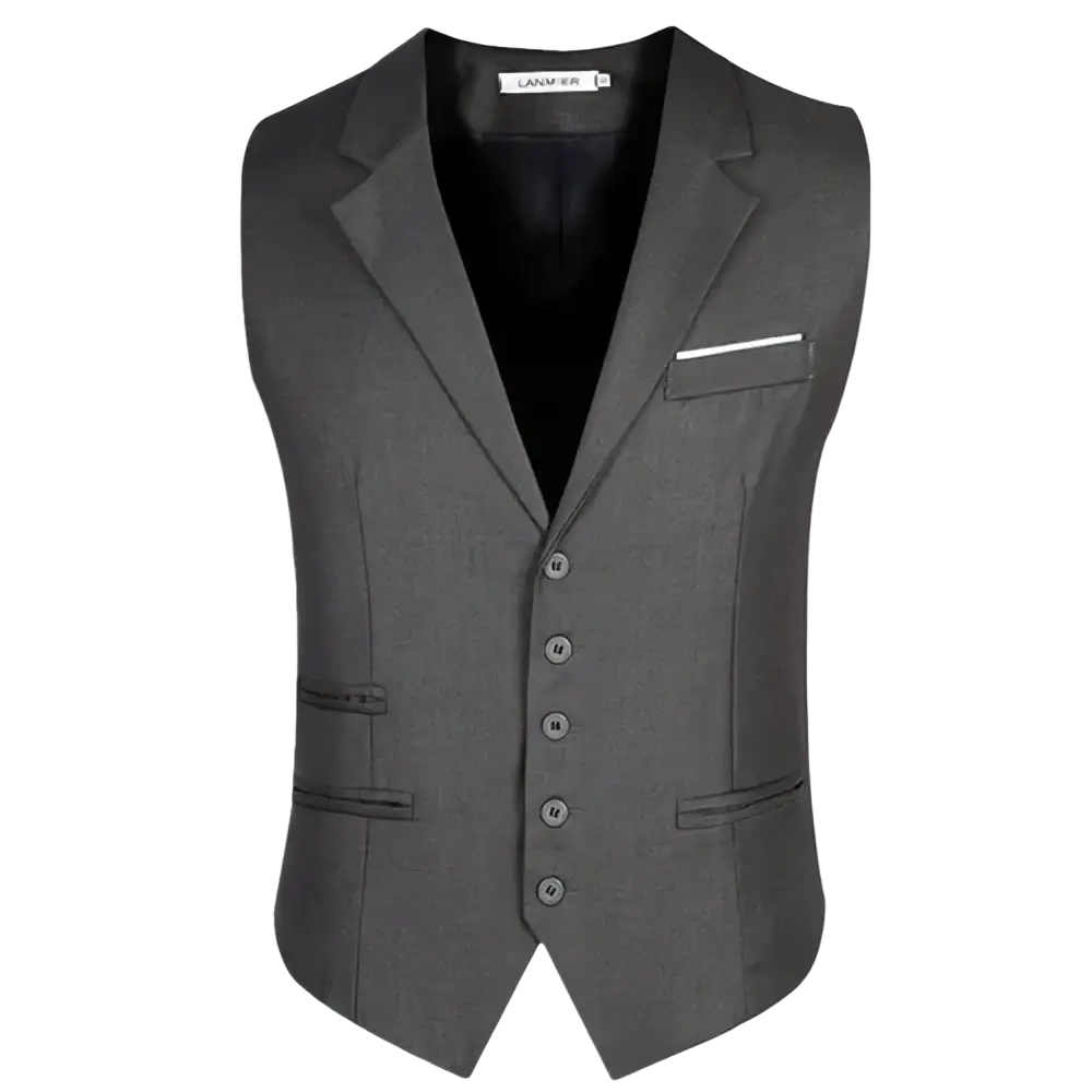 Men slim fit suit vest formal business waistcoat in sleek dark gray with notched lapel and five matching buttons