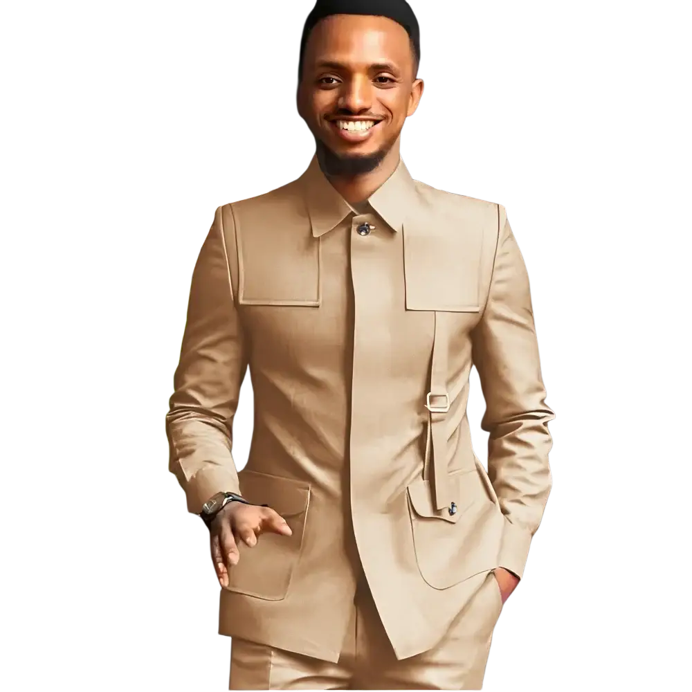 Men slim fit beige tailored suit with structured shoulders and flap pockets ideal for formal weddings and events