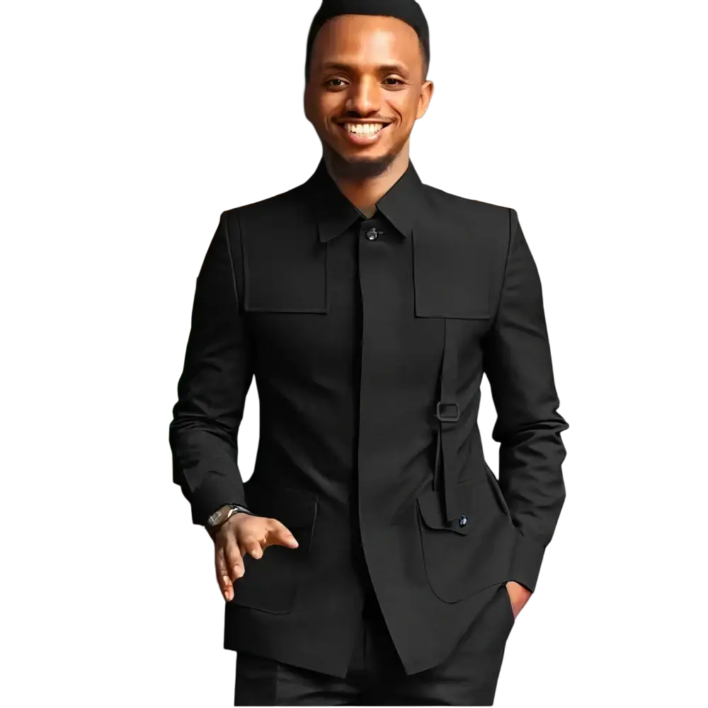 Men slim fit tailored black suit blazer with flap pockets and belt detail for formal weddings and events