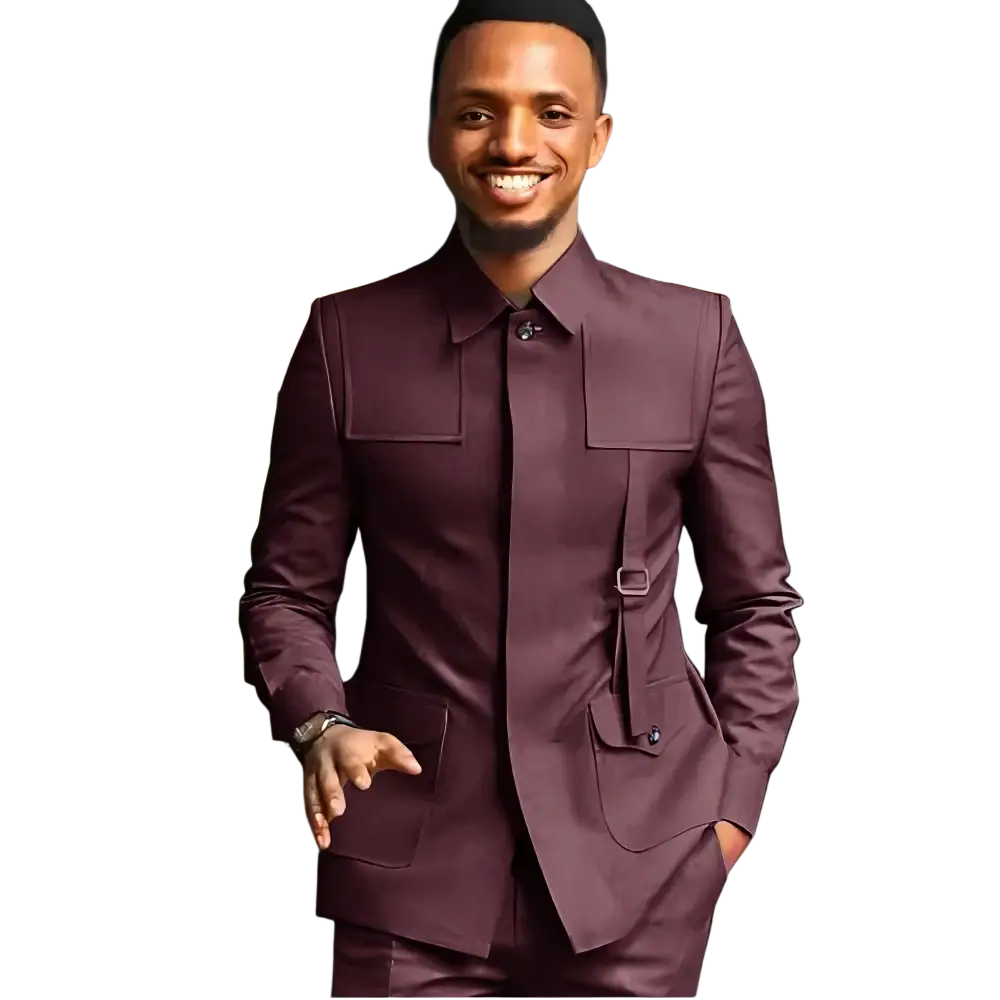 Men slim fit tailored burgundy suit blazer with structured shoulders flap pockets and belt detail for formal weddings