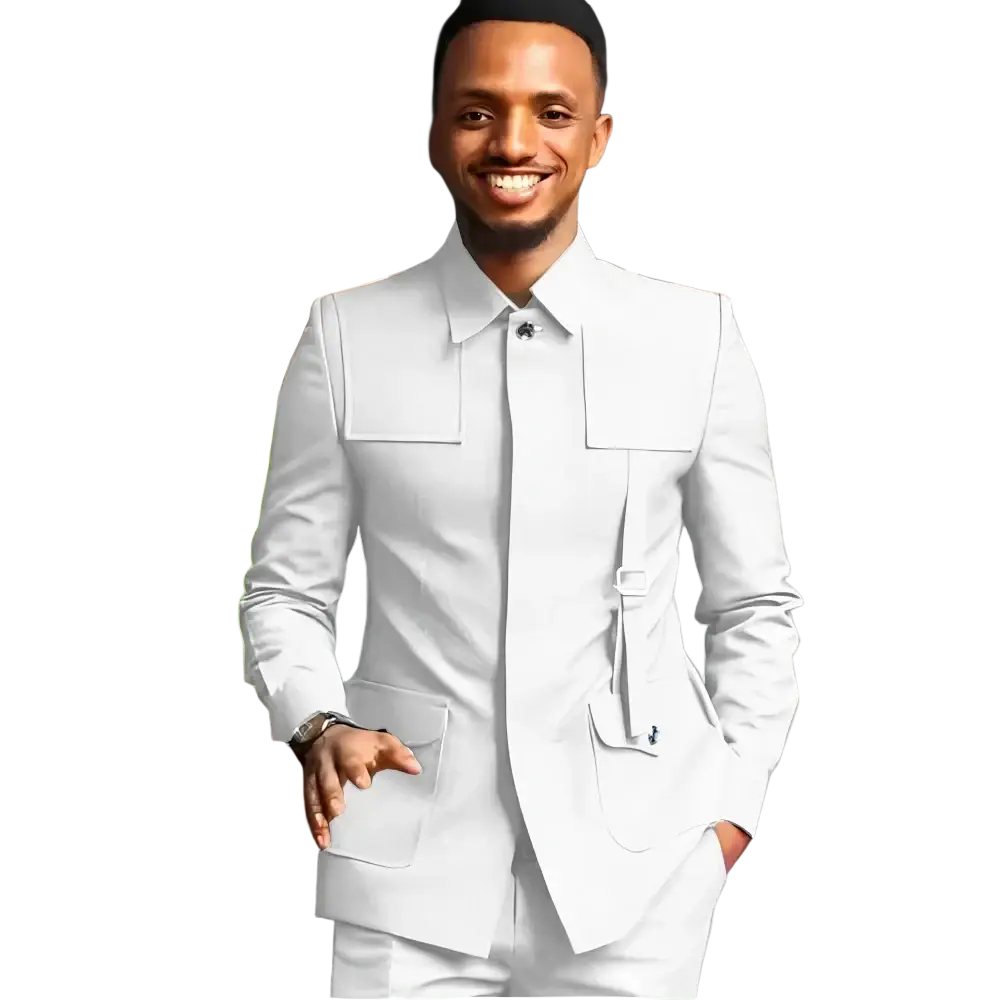 A crisp white slim fit tailored suit with structured shoulders and flap pockets for formal weddings