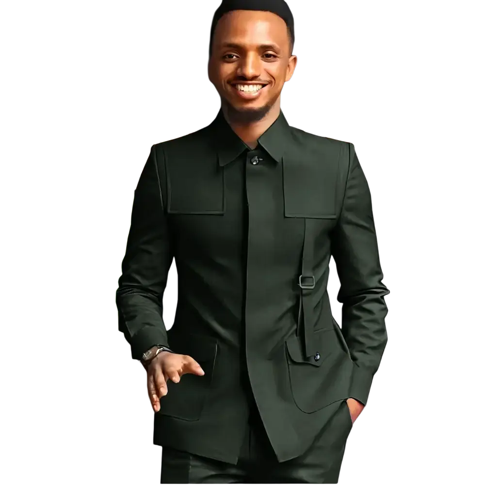 Men slim fit dark green tailored suit with structured shoulders and flap pockets for formal wedding occasions