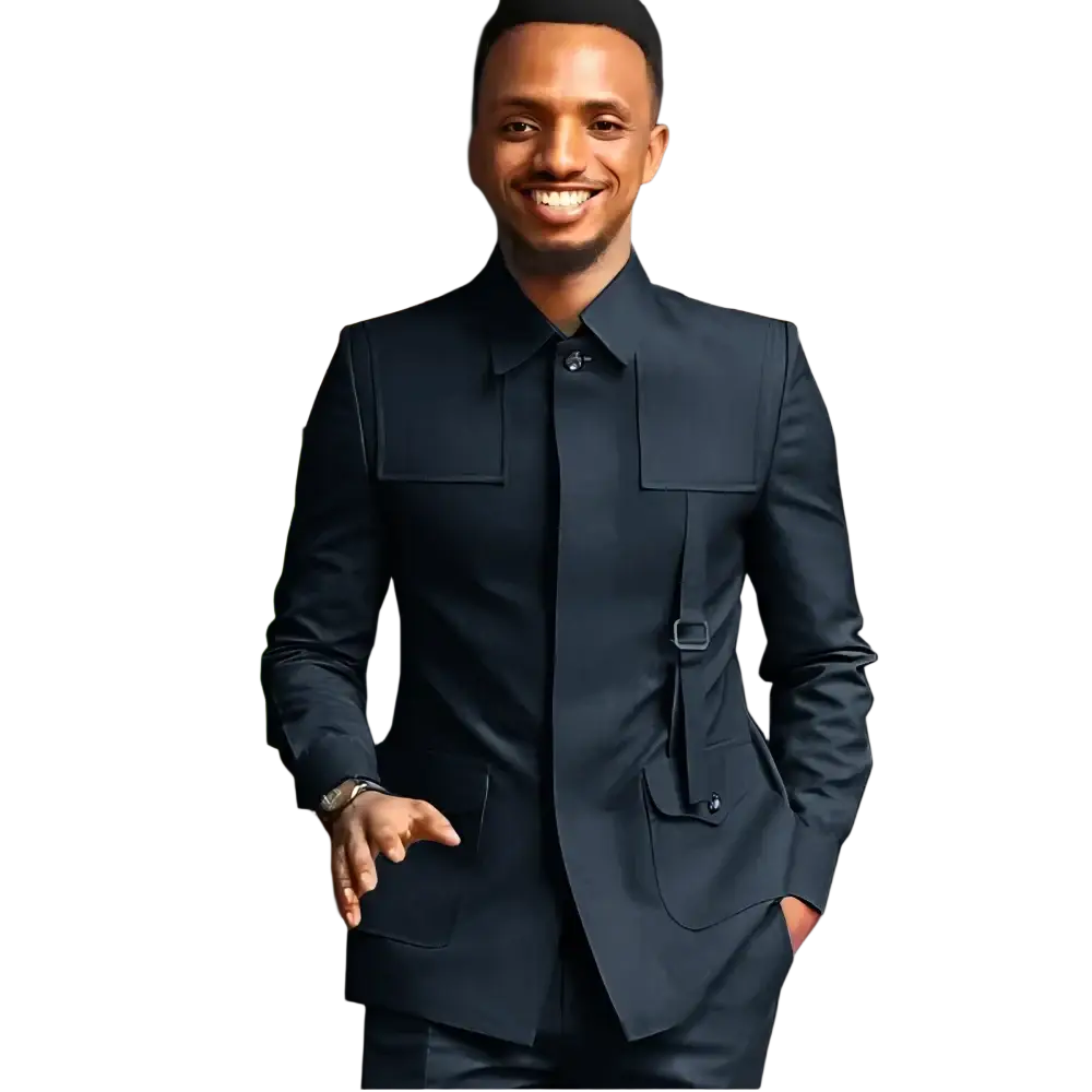 Men slim fit tailored dark navy suit with structured shoulders and flap pockets for formal wedding occasions