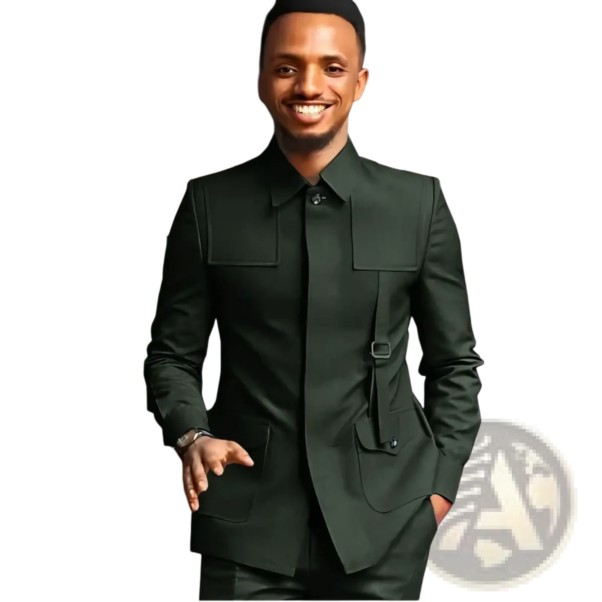 Men slim fit dark green tailored suit with structured shoulders and flap pockets for formal wedding occasions