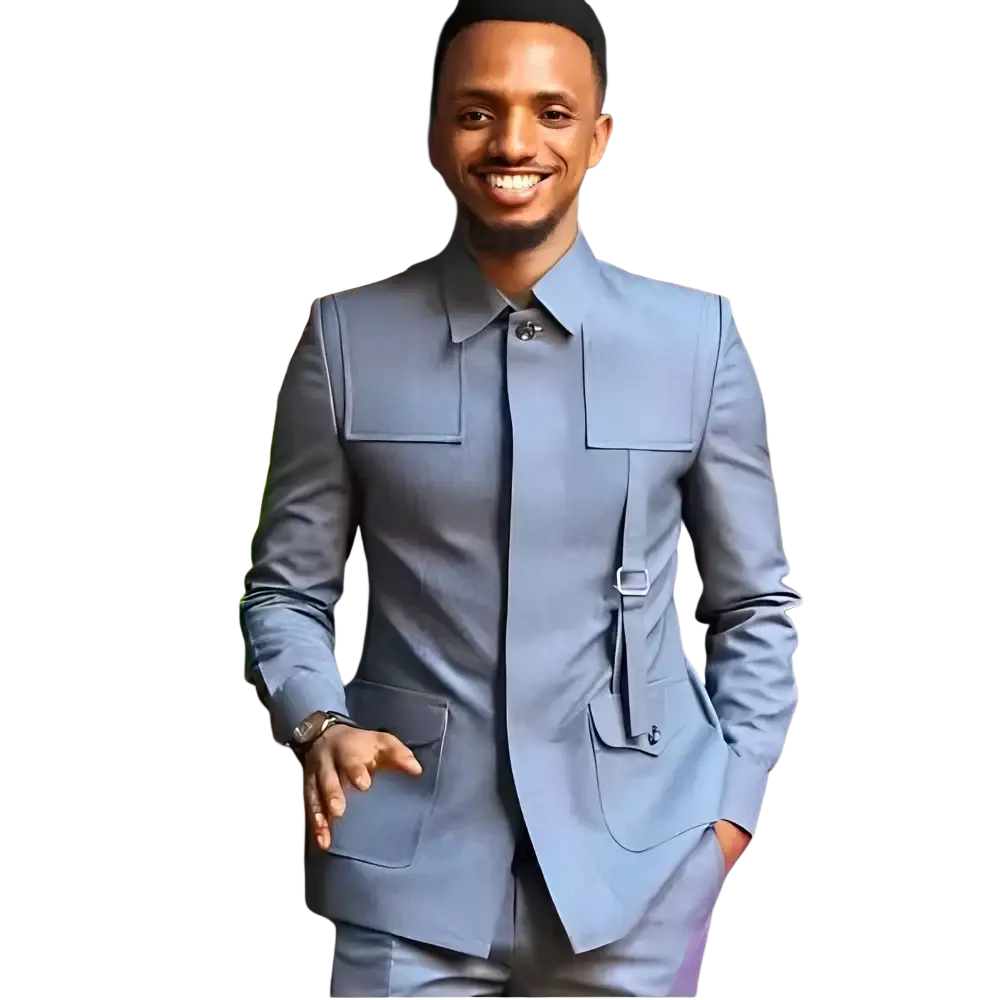 Men slim fit tailored light blue suit with structured shoulders flap pockets and belt detail for formal weddings