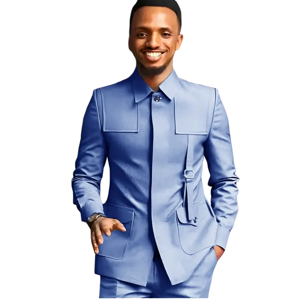 A man wearing a light blue men slim fit tailored suit blazer with flap pockets and belt detail for formal weddings