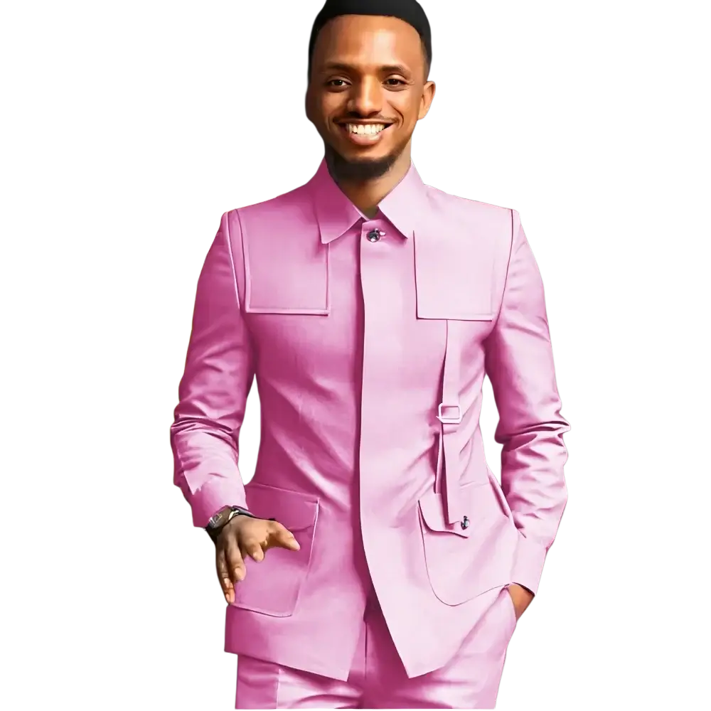 A man wearing a vibrant pink men slim fit tailored suit with structured shoulders and flap pockets for formal weddings