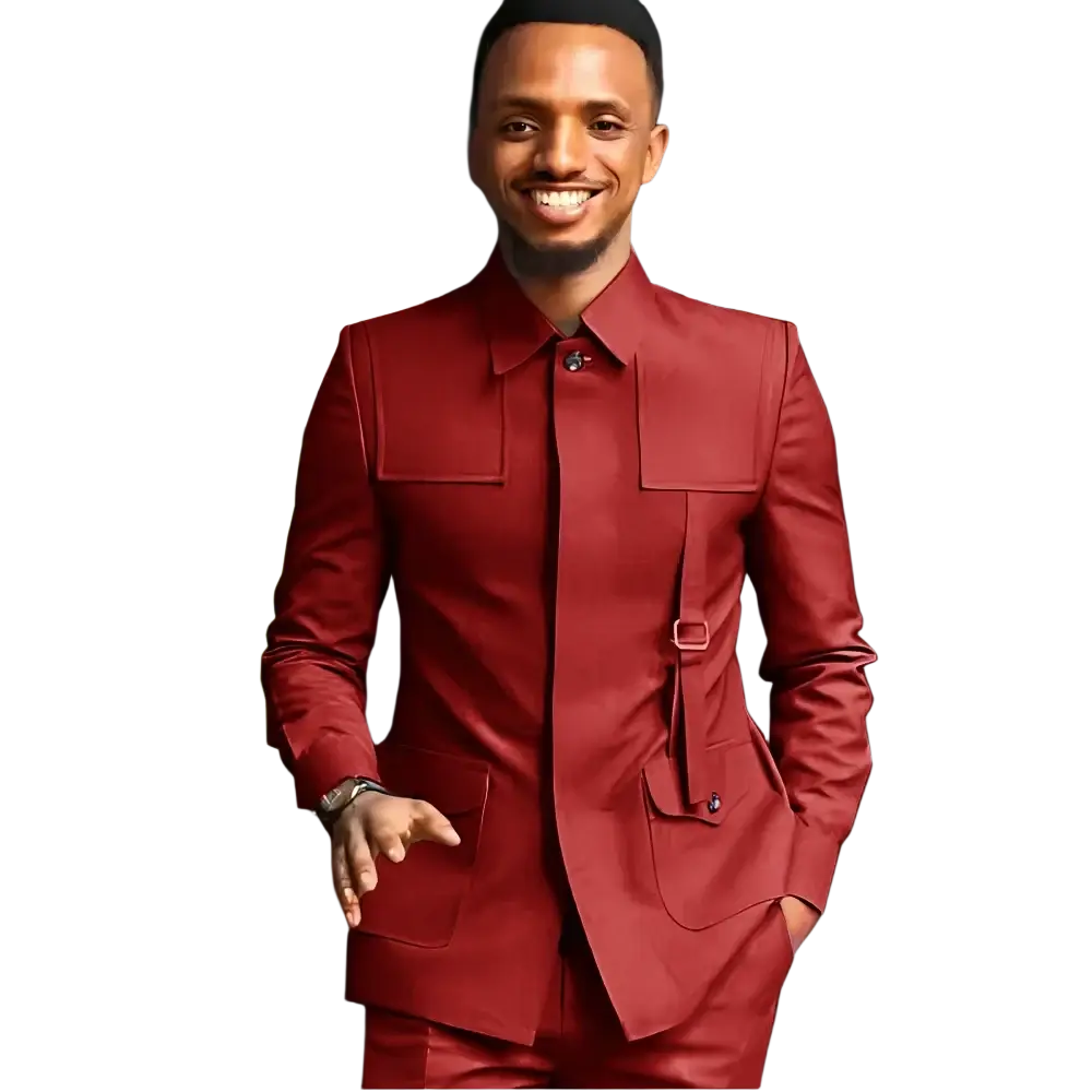 Men slim fit tailored suit blazer in rich red with sleek modern design and subtle belt details for formal weddings