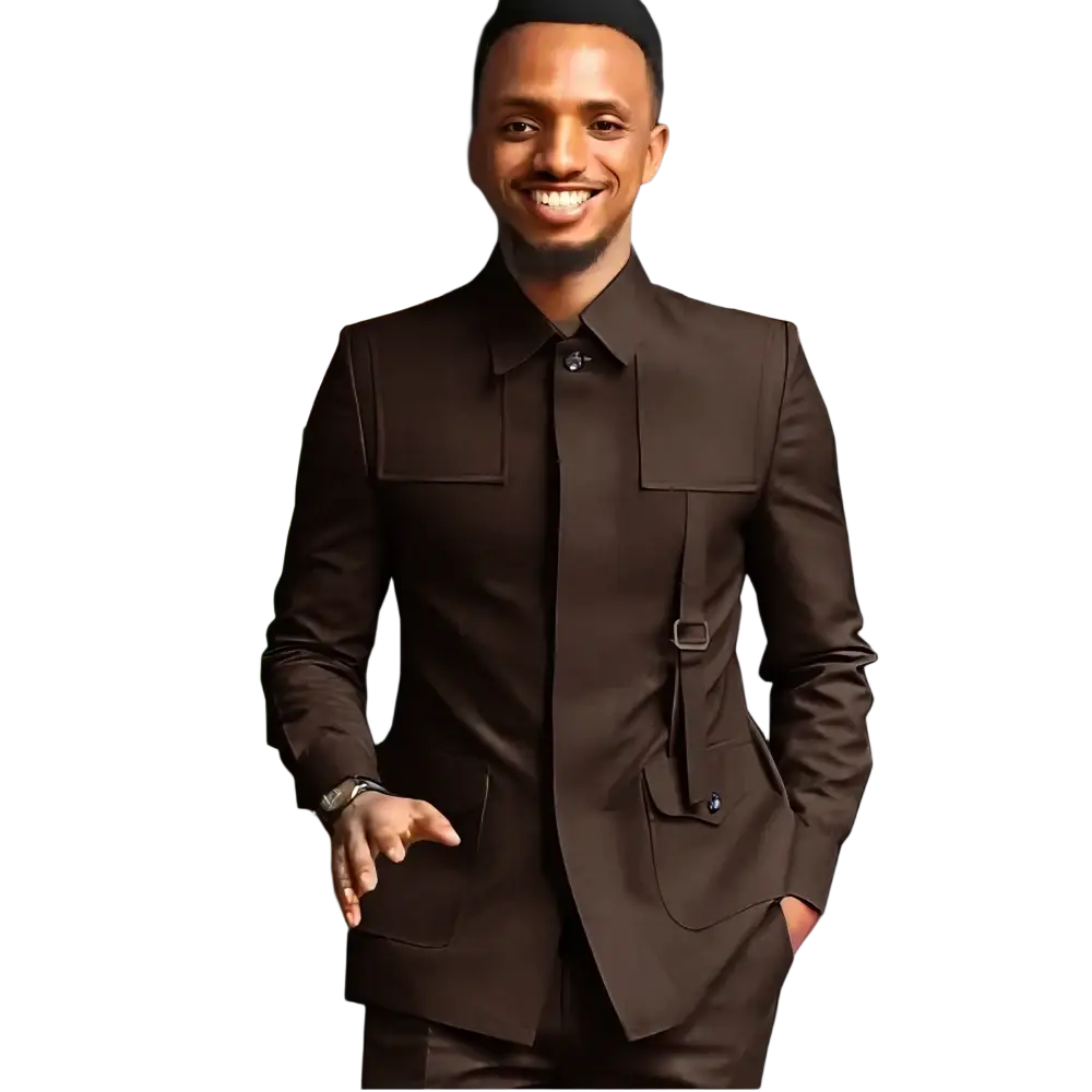 Men slim fit tailored suit formal wedding blazer in sleek dark brown with structured shoulders and functional flap pockets