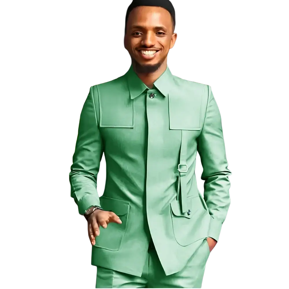 Men slim fit tailored formal wedding blazer in sleek mint green with structured shoulders and functional flap pockets