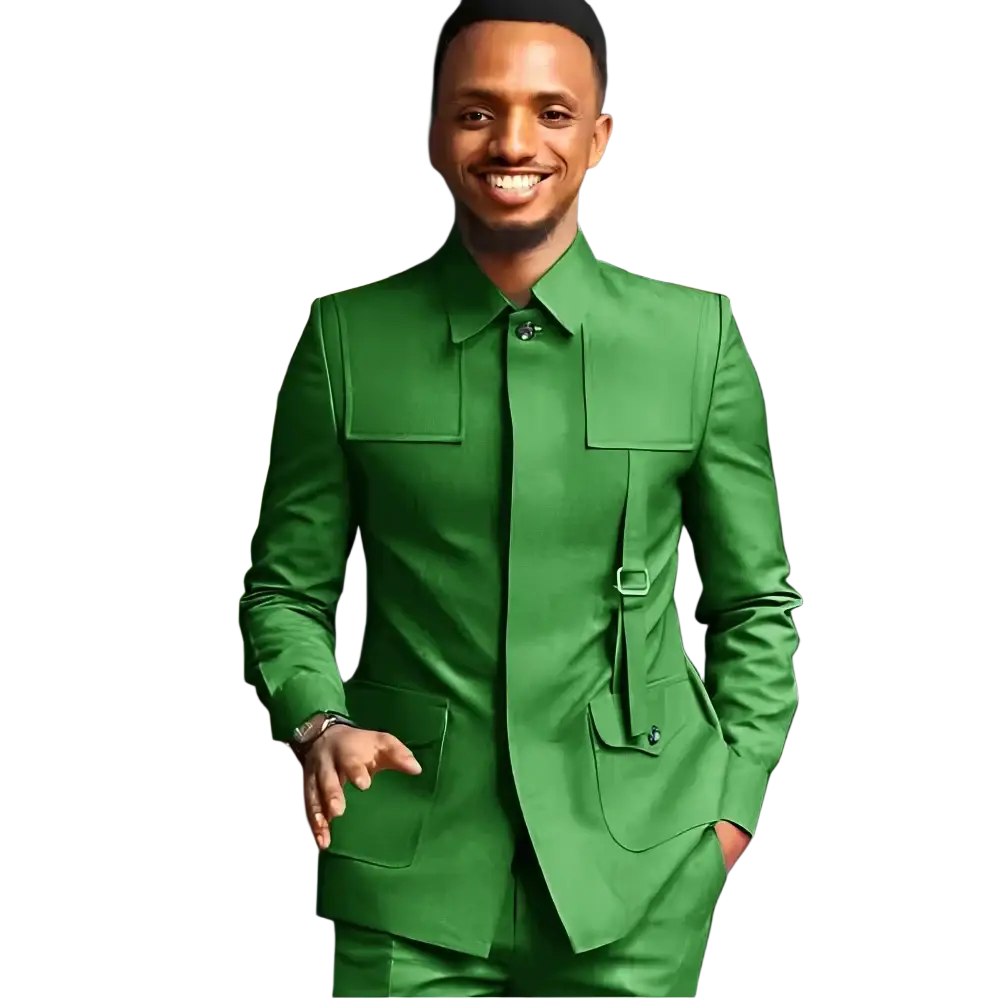 Men slim fit tailored emerald green suit with structured jacket flap pockets belt loops and matching trousers for formal weddings