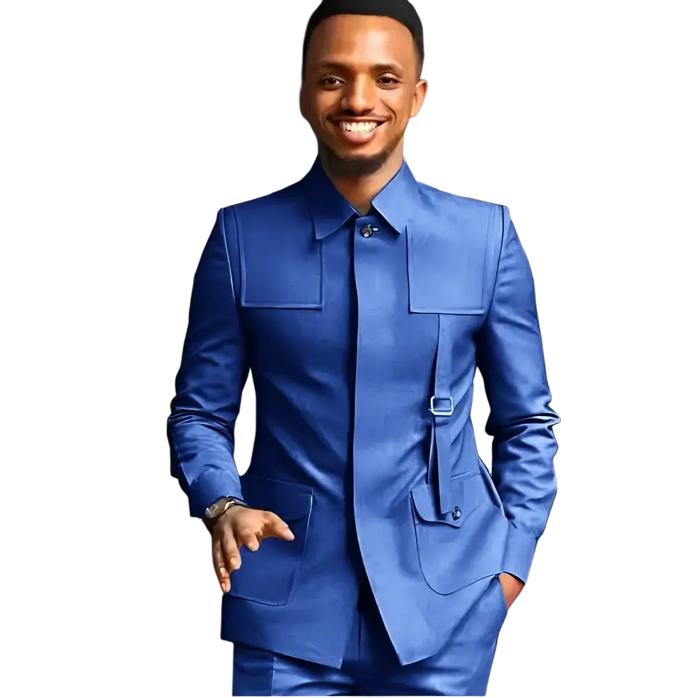 Men slim fit tailored royal blue suit with structured flap pocket jacket and matching formal wedding trousers