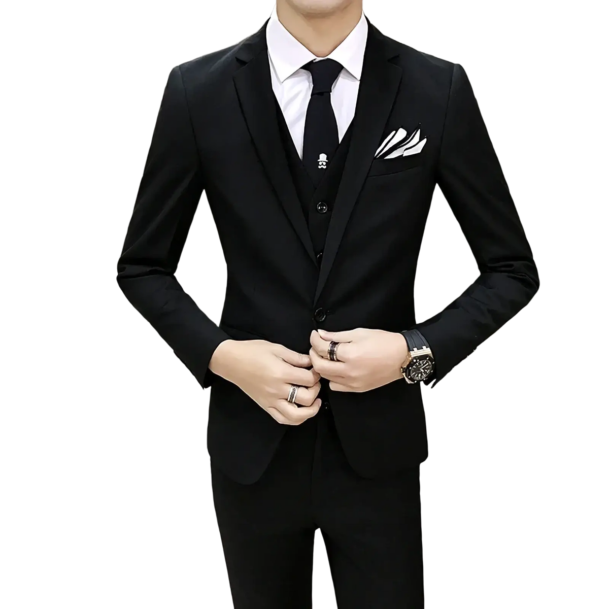 Men slim fit three piece business suit in black tailored fabric with a sleek modern cut and subtle sheen