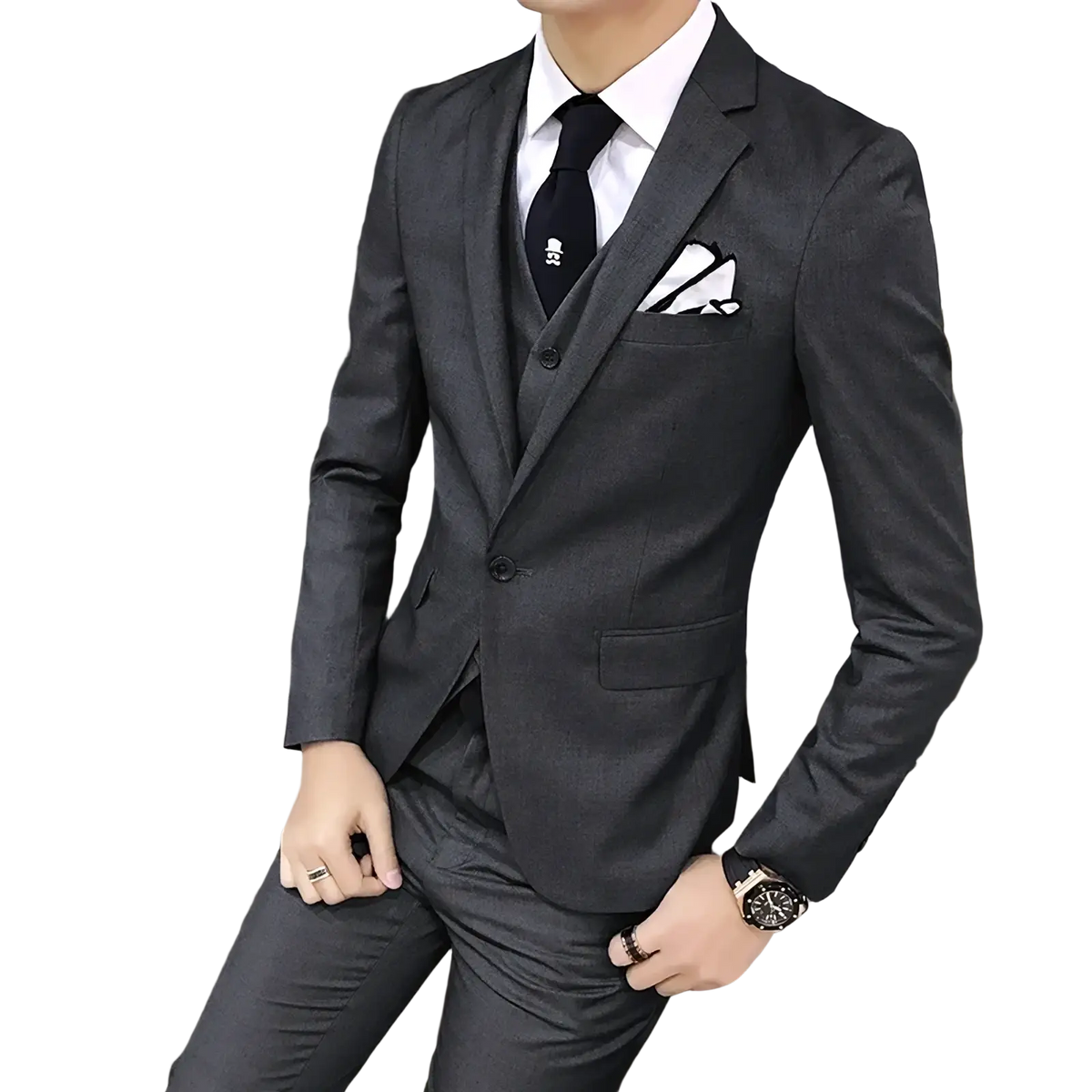 Men slim fit three piece business suit in dark gray with subtle textured weave featuring notched lapel jacket vest and trousers