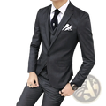 Men slim fit three piece business suit in dark gray with subtle textured weave featuring notched lapel jacket vest and trousers