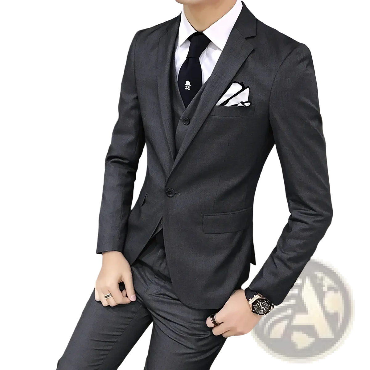Men slim fit three piece business suit in dark gray with subtle textured weave featuring notched lapel jacket vest and trousers