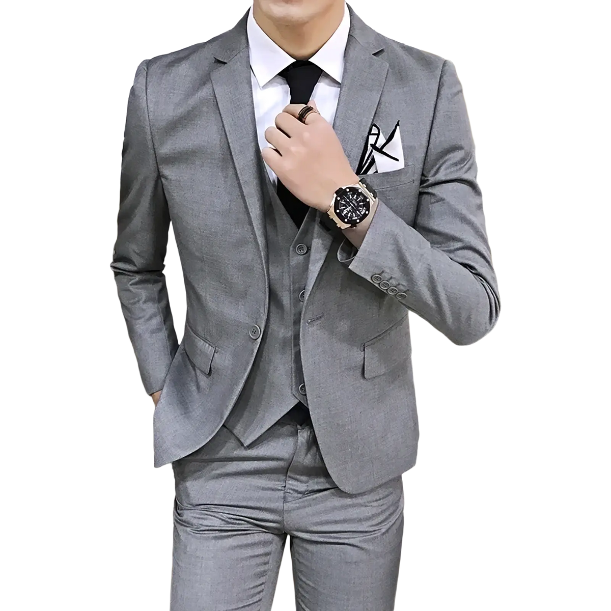 Men slim fit three piece business suit in gray with subtle textured weave featuring tailored blazer vest and trousers