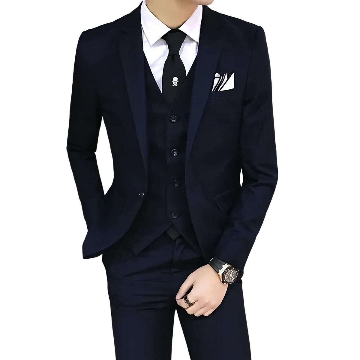 Men slim fit three piece business suit in navy blue with matching vest, trousers, white shirt, black tie, and pocket square