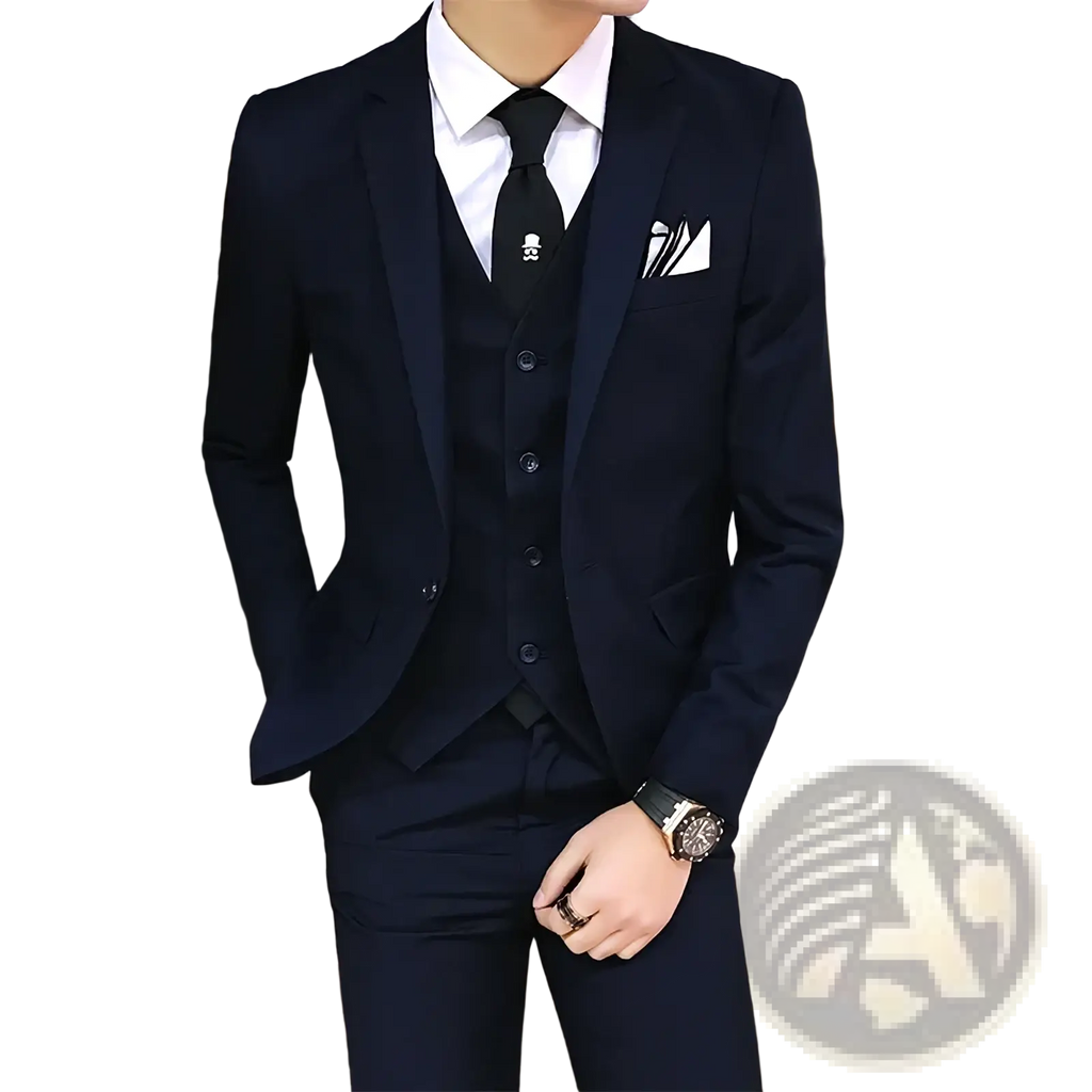 Men slim fit three piece business suit in navy blue with matching vest and trousers, white shirt, black tie with skull emblem