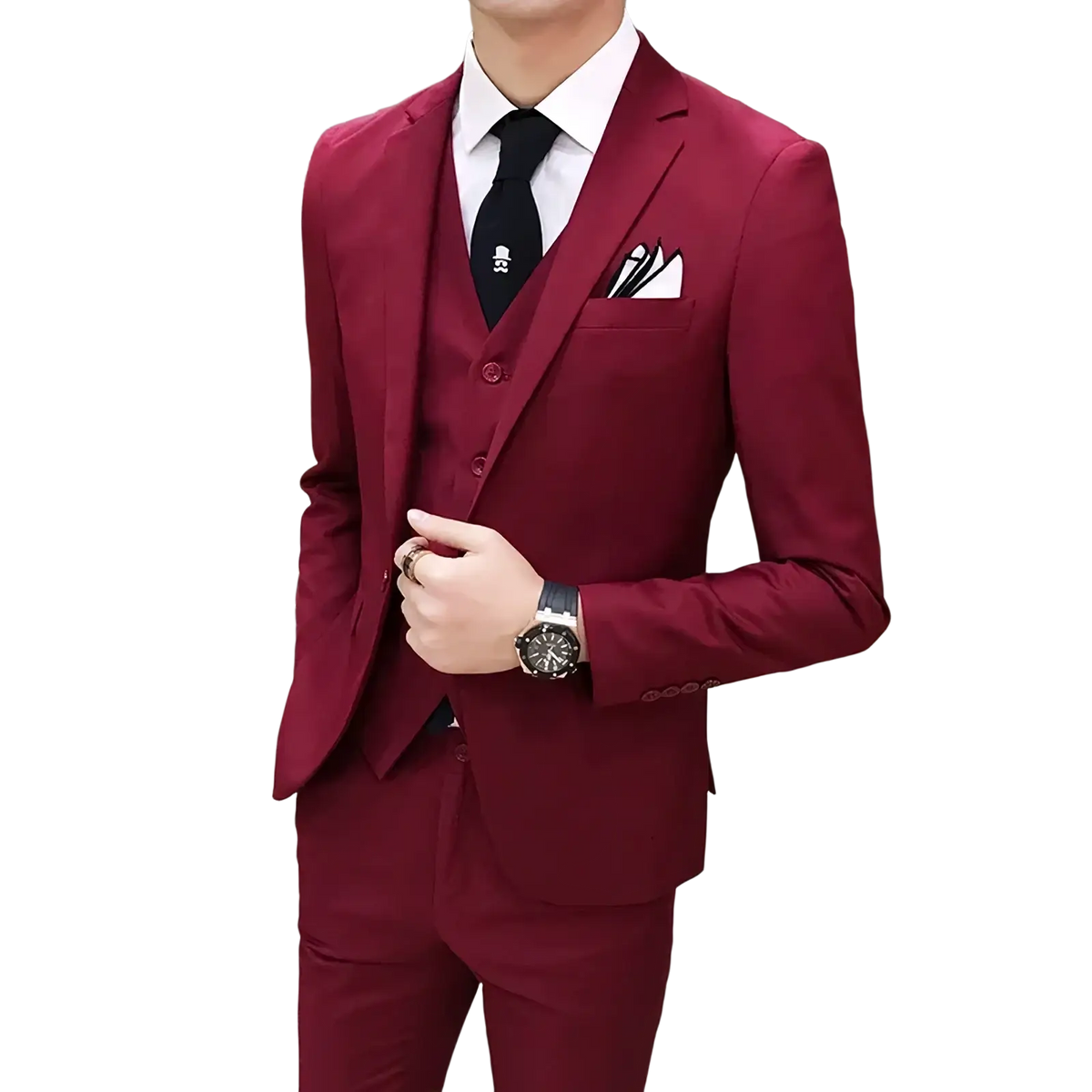 Men slim fit three piece business suit in sharp tailored burgundy fabric with a sleek fit and subtle sheen