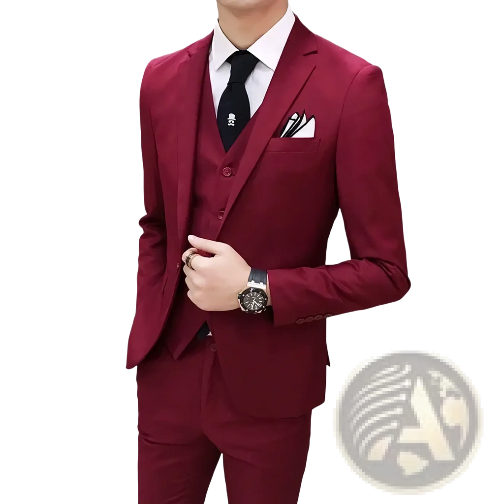 Men slim fit three piece business suit in sharp tailored burgundy fabric with a subtle sheen and sleek fit