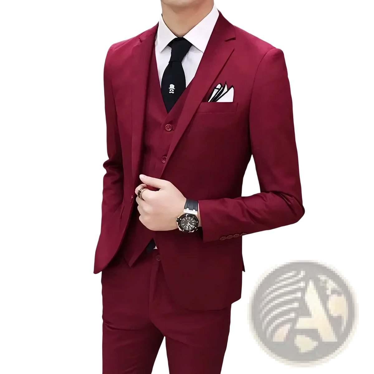 Men slim fit three piece business suit in sharp tailored burgundy fabric with a subtle sheen and sleek fit