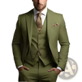 Men slim fit three piece suit in olive green with structured textured fabric for formal occasions
