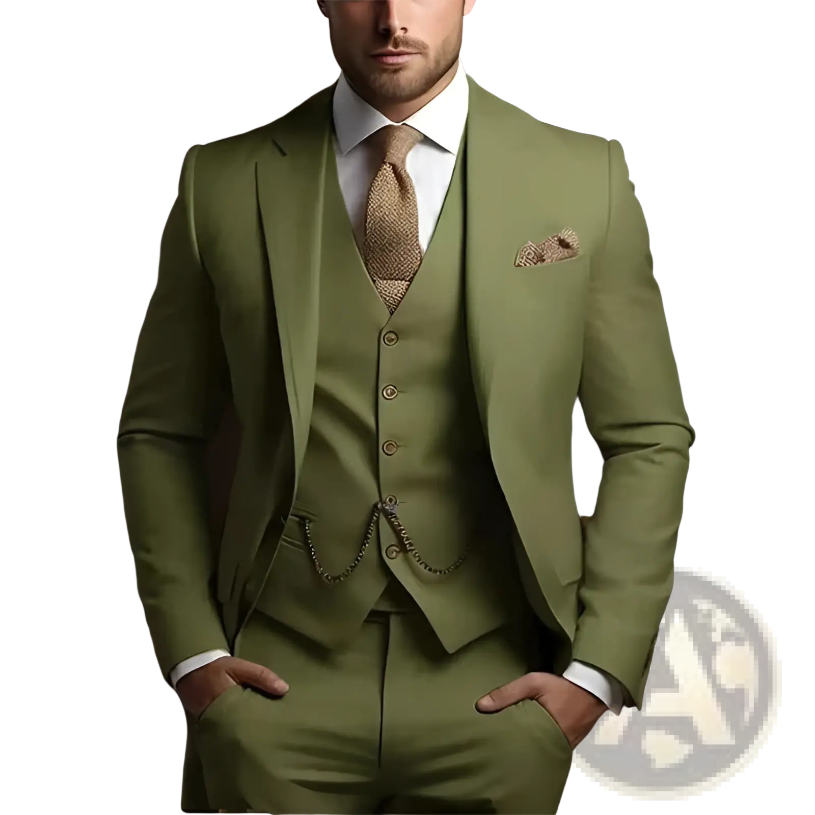 Men slim fit three piece suit in olive green with structured textured fabric for formal occasions