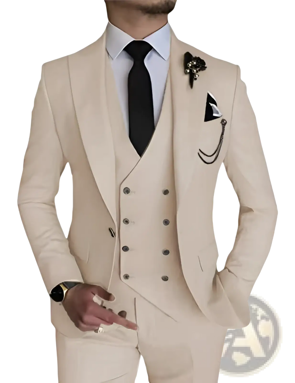 Men slim fit beige three-piece suit with notched lapels double-breasted vest and matching trousers