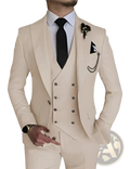 Men slim fit beige three-piece suit with notched lapels double-breasted vest and matching trousers