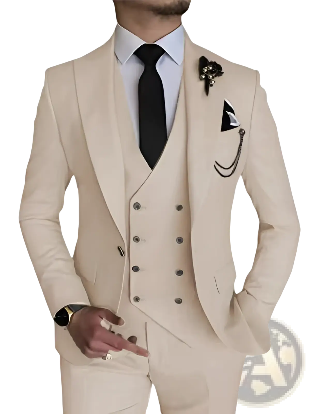 Men slim fit beige three-piece suit with notched lapels double-breasted vest and matching trousers