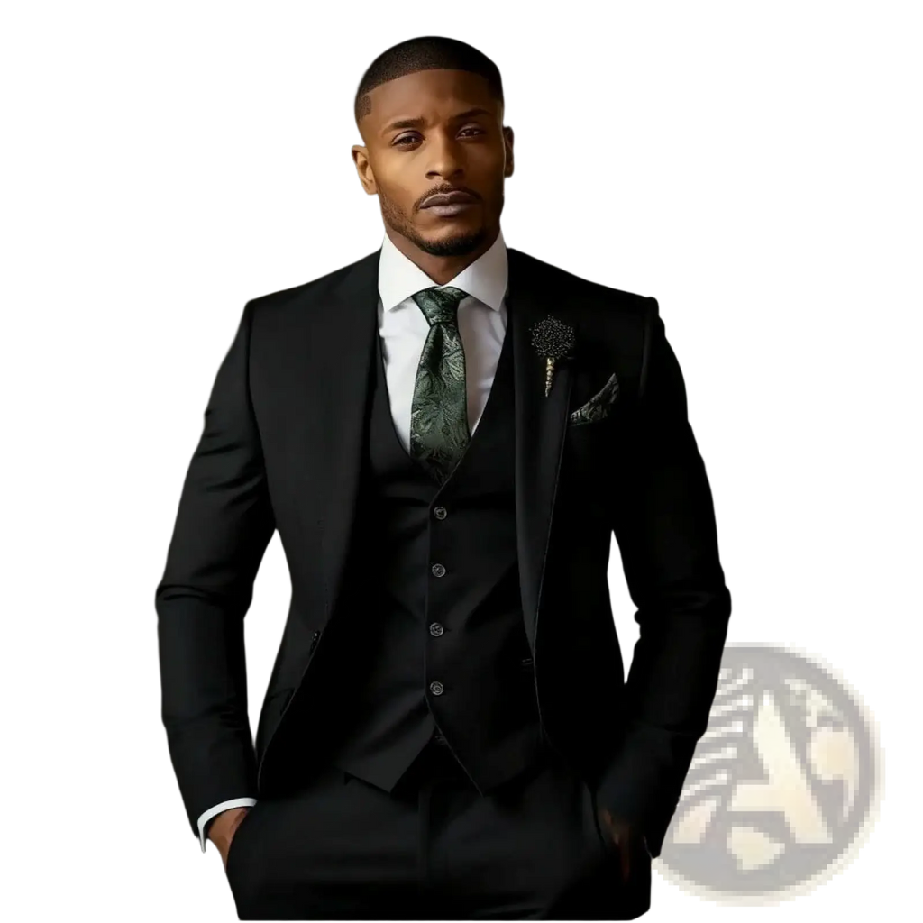 Men slim fit three piece suit in black with subtle sheen and tailored fit perfect for formal occasions