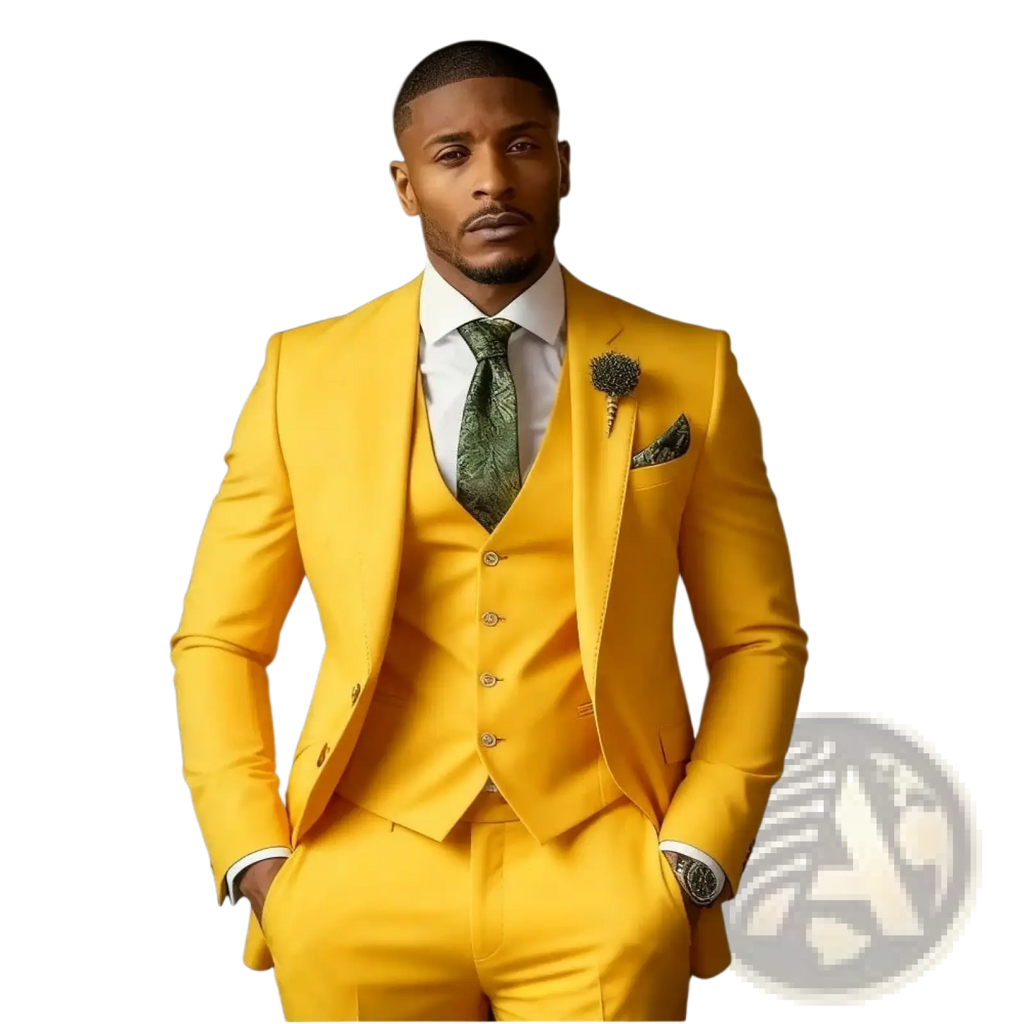 Men slim fit three piece suit in bright yellow with matching vest and trousers featuring a tailored fit and subtle texture