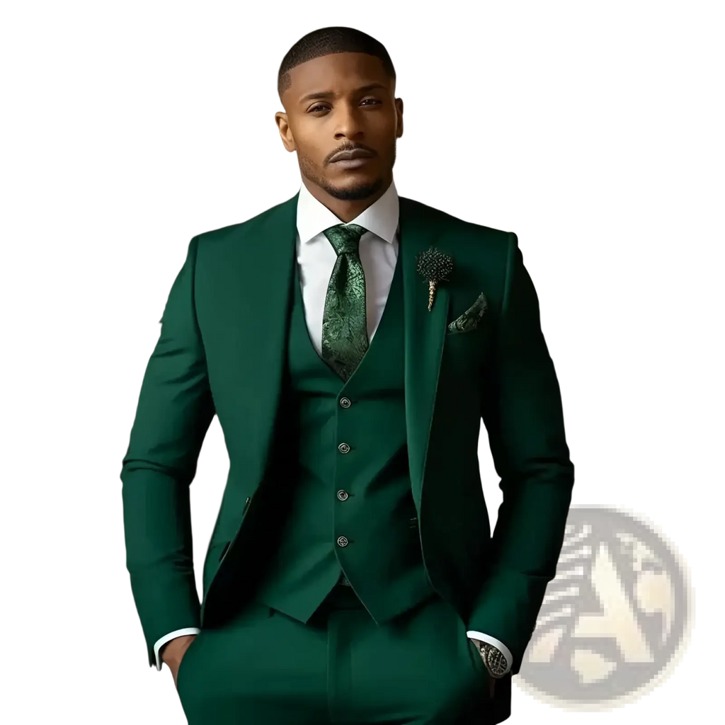 Men slim fit three piece suit in deep emerald green with matching vest and trousers featuring a subtle sheen and tailored fit
