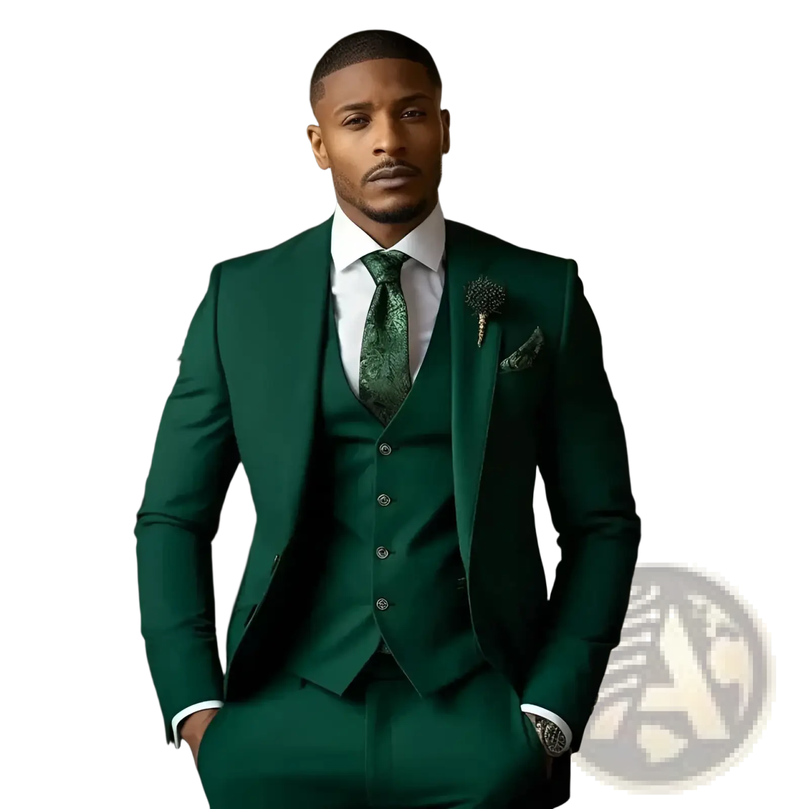 Men slim fit three piece suit in deep emerald green with matching vest and trousers featuring a subtle sheen and tailored fit