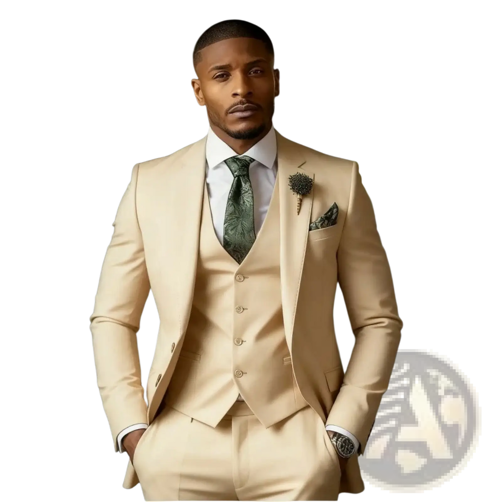 A man wearing a beige slim fit three piece suit with matching vest and trousers and a dark green patterned tie