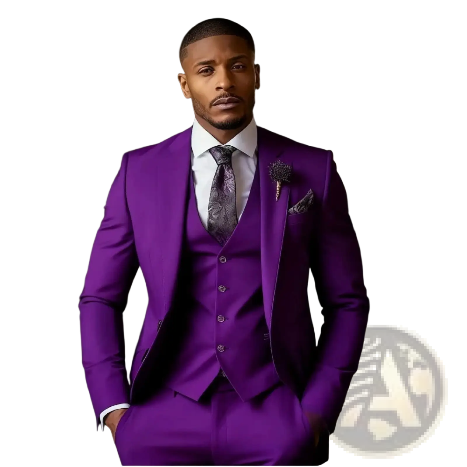 A sharp vibrant purple men slim fit three piece suit with tailored fit and matching vest