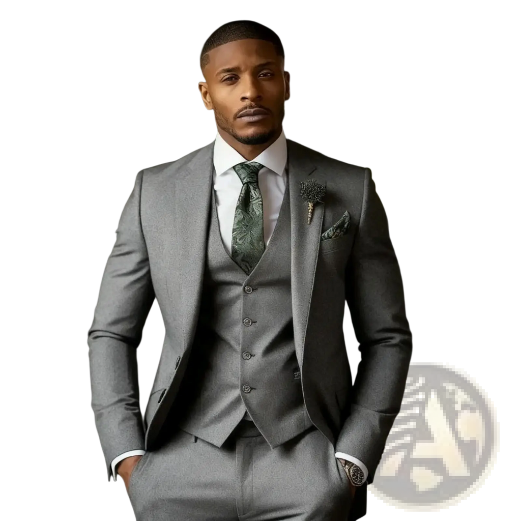 Men slim fit three piece suit in gray with subtle textured weave featuring matching vest and trousers
