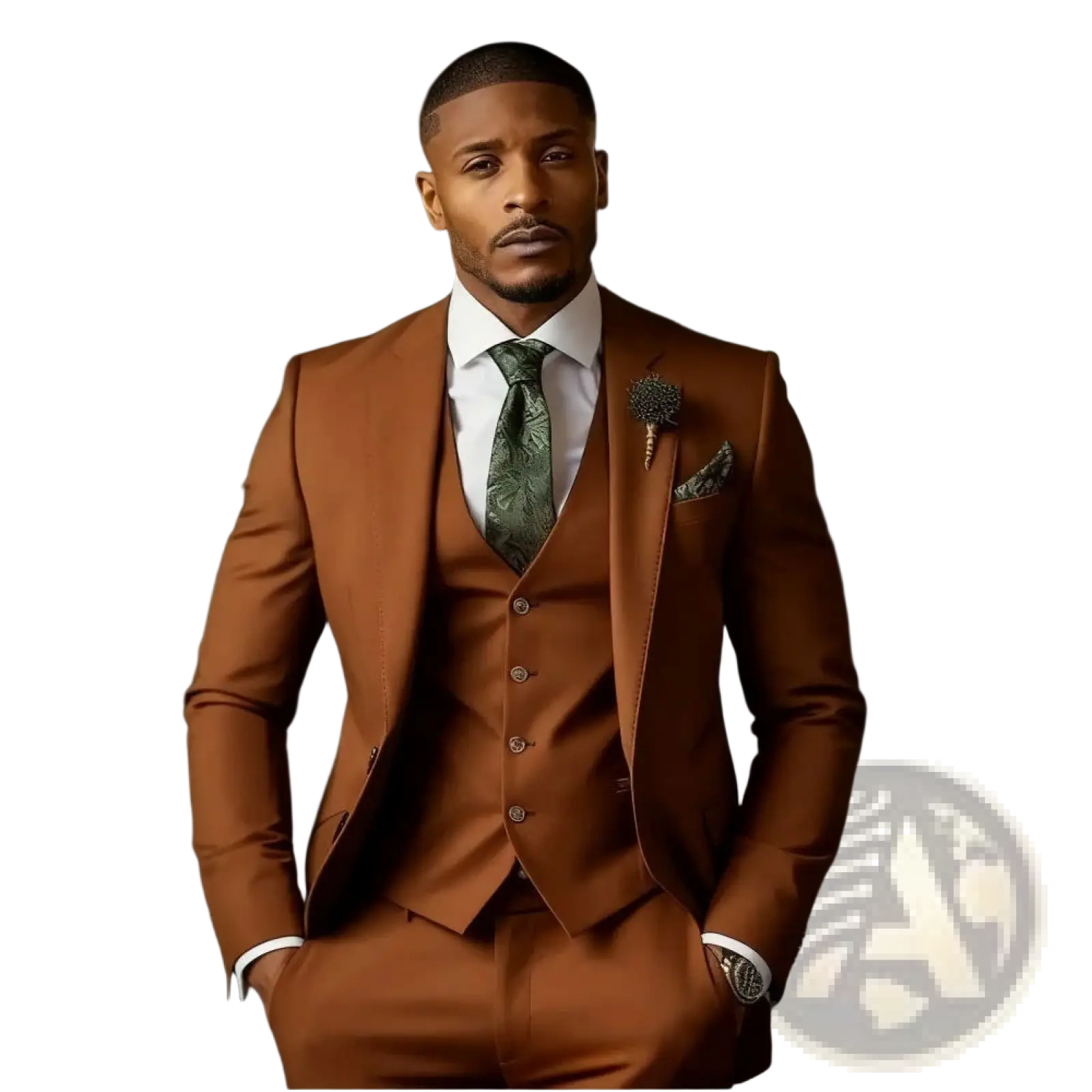 Men slim fit three piece suit in rust color with matching vest and trousers featuring a subtle fabric sheen