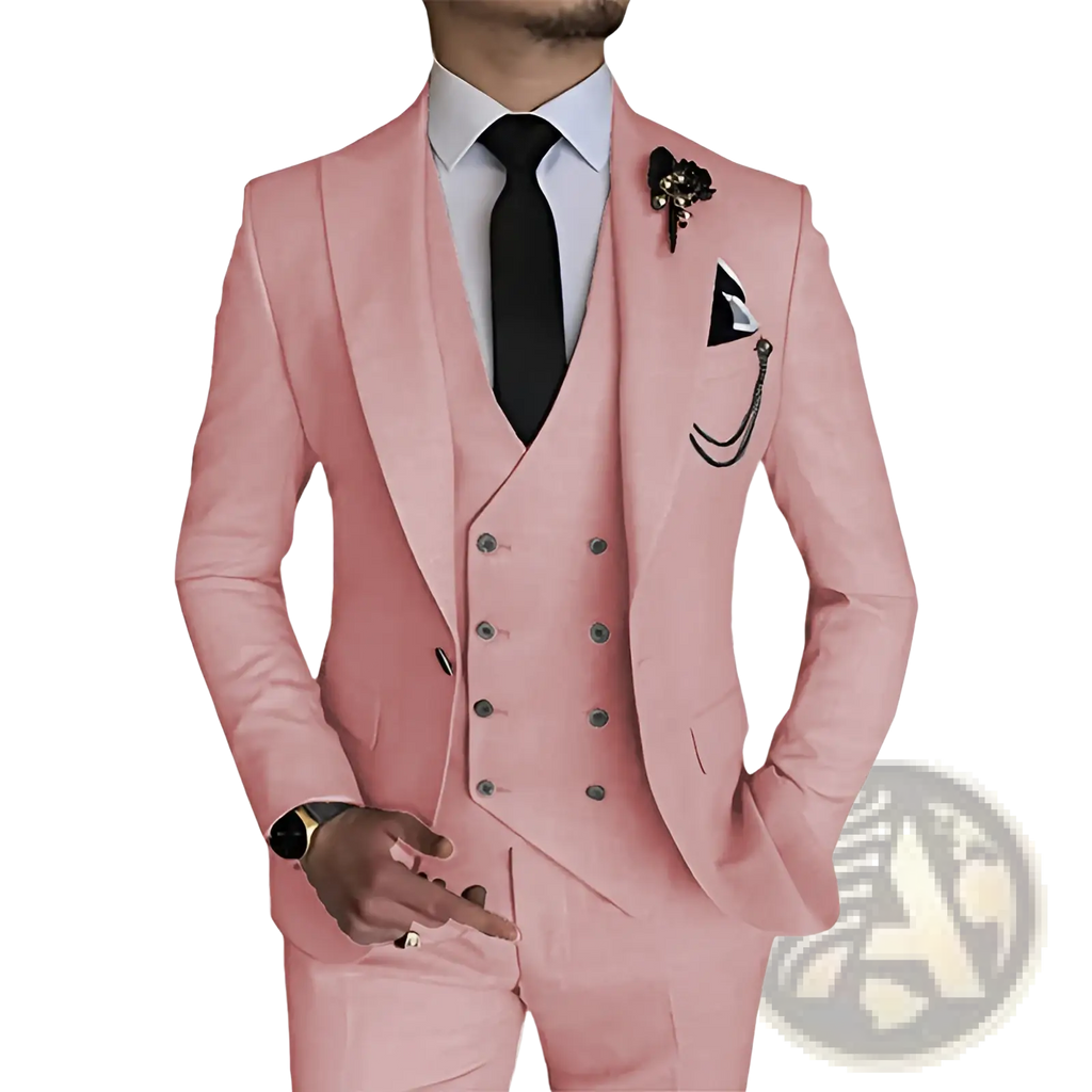 Men slim fit three piece suit in sleek blush pink featuring a double breasted vest and matching trousers