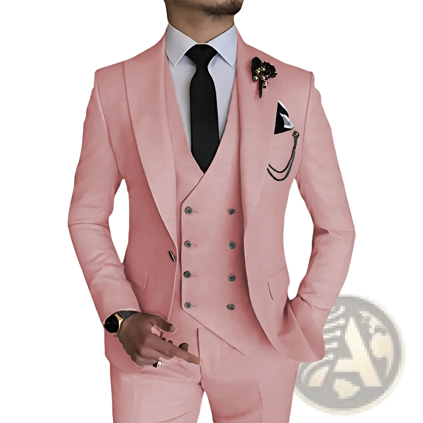 Men slim fit three piece suit in sleek blush pink featuring a double breasted vest and matching trousers