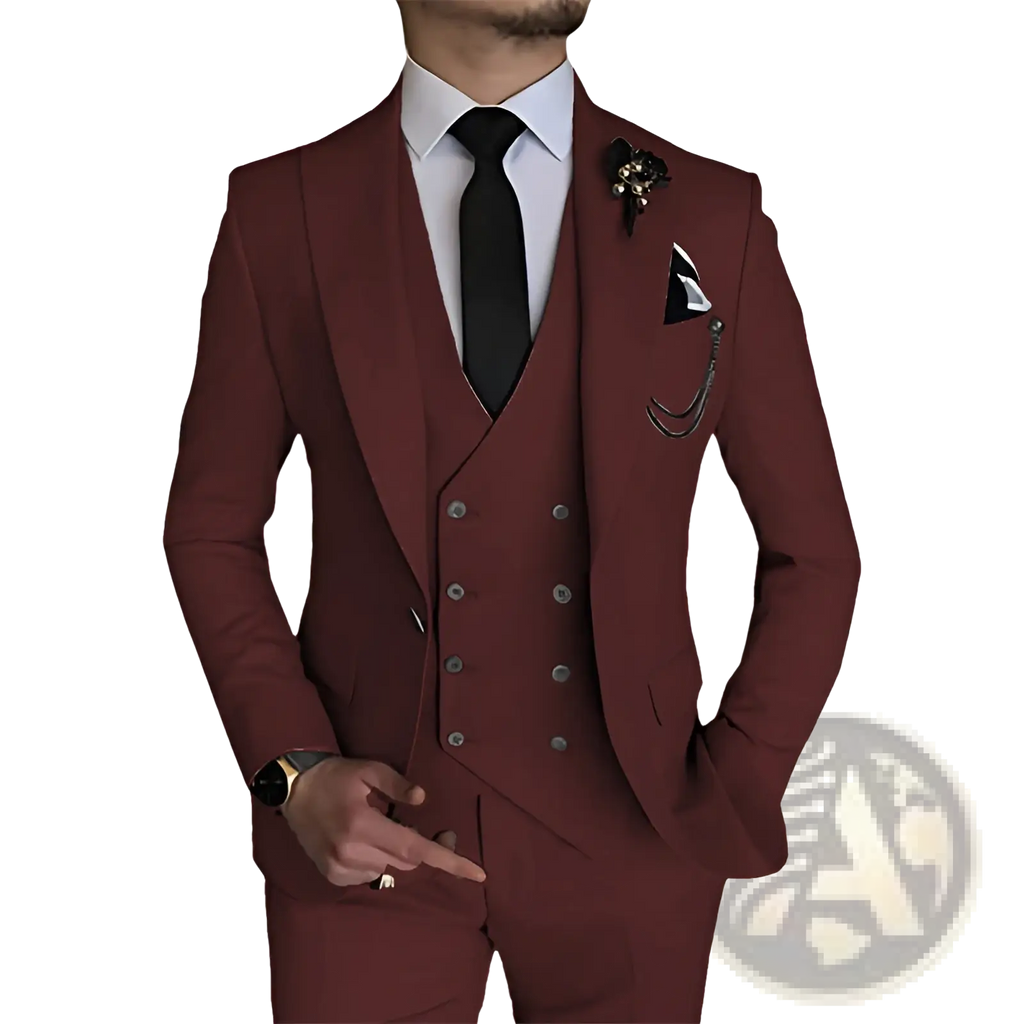Men slim fit three piece suit in maroon with tailored double breasted vest silver buttons and subtle stitching details