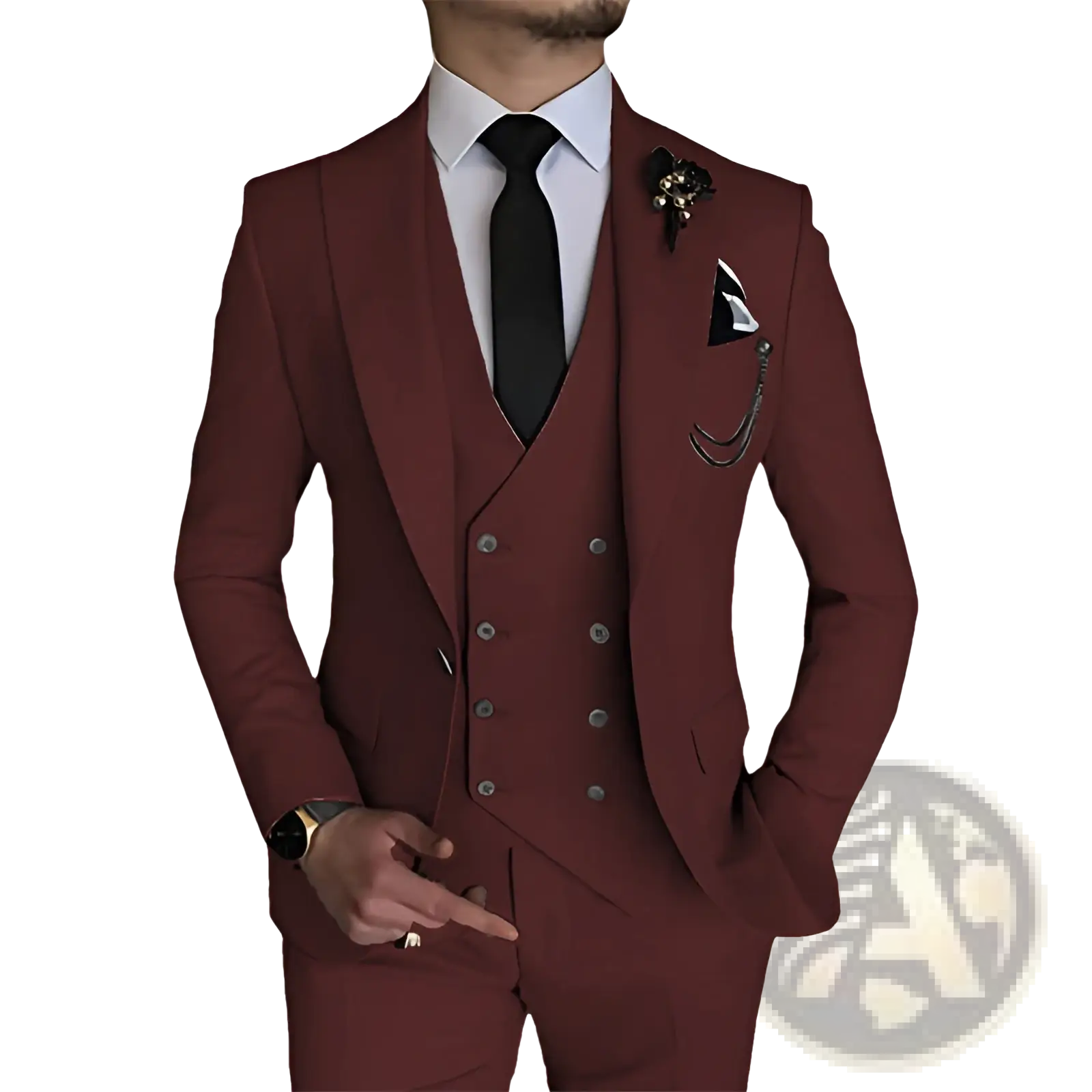 Men slim fit three piece suit in maroon with tailored double breasted vest silver buttons and subtle stitching details