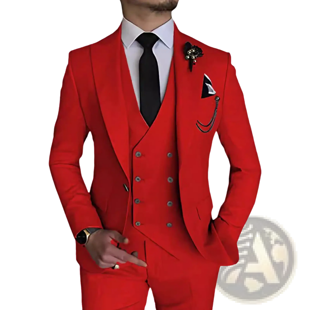 Men slim fit three piece suit in vibrant red featuring a double breasted vest and matching trousers