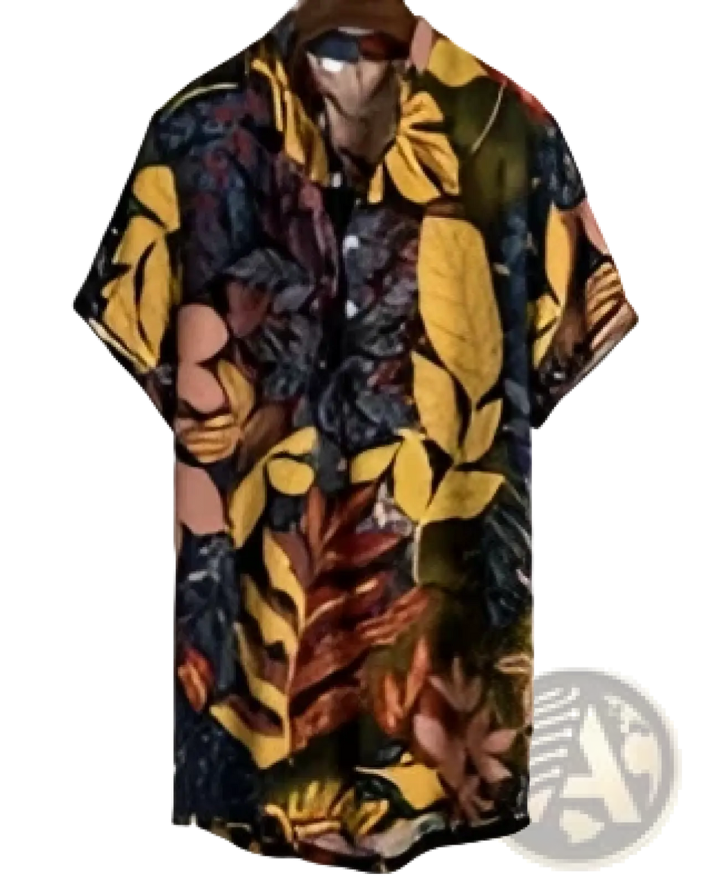 Men slim fit tropical floral short sleeve button shirt with vibrant yellow orange red green patterns on navy background